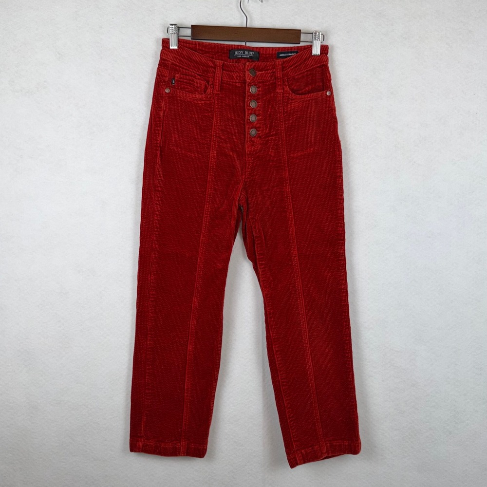 Judy Blue Ankle Straight Pants Women 7/28 Red Corduroy Button Fly High Rise